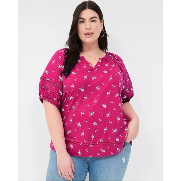 Lane Bryant Tops - Lane Bryant Cotton Floral Notch Collar Elastic Eyelet Cutout Popover Blouse 22